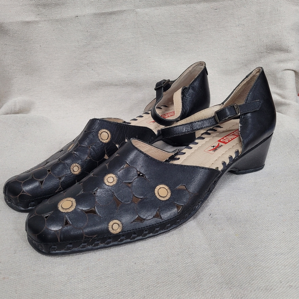 Pikolinos Leather Laser Cut Romana Perforated Mary Jane Sandals Shoes 40 Black
